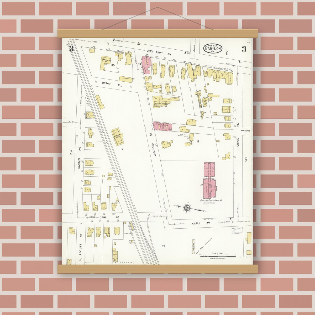 Old map wall art mockup — magnetic wood frame on brick wall — Sanborn Fire Insurance Map from Babylon, Suffolk County, New York (1923), Sheet #0003