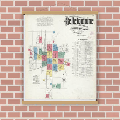 Old map wall art mockup — magnetic wood frame on brick wall — Sanborn Fire Insurance Map from Bellefontaine, Logan County, Ohio (1907) - Complete Map Set