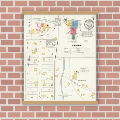 Old map wall art mockup — magnetic wood frame on brick wall — Sanborn Fire Insurance Map from Sligo, Clarion County, Pennsylvania (1921) - Complete Map Set