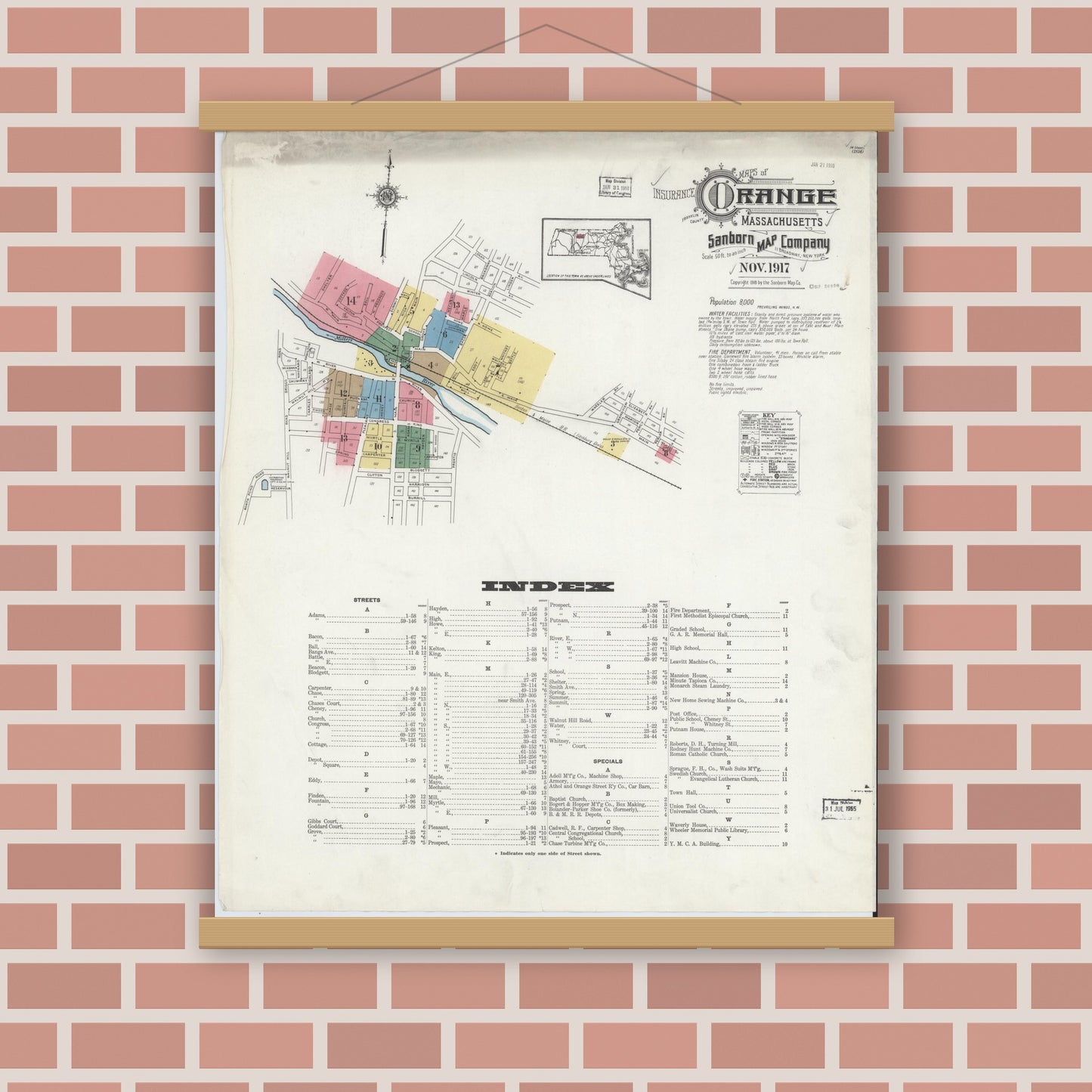 Old map wall art mockup — magnetic wood frame on brick wall — Sanborn Fire Insurance Map from Orange, Franklin County, Massachusetts (1917) - Complete Map Set