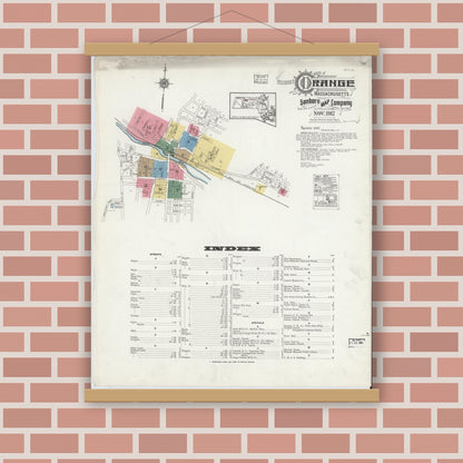 Old map wall art mockup — magnetic wood frame on brick wall — Sanborn Fire Insurance Map from Orange, Franklin County, Massachusetts (1917) - Complete Map Set