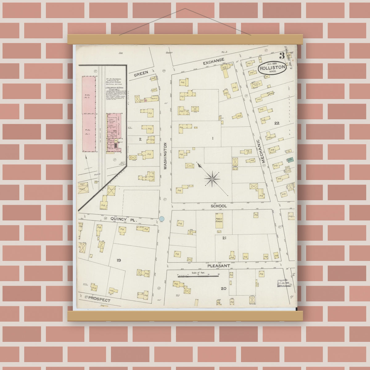 Old map wall art mockup — magnetic wood frame on brick wall — Sanborn Fire Insurance Map from Holliston, Middlesex County, Massachusetts (1888), Sheet #0003