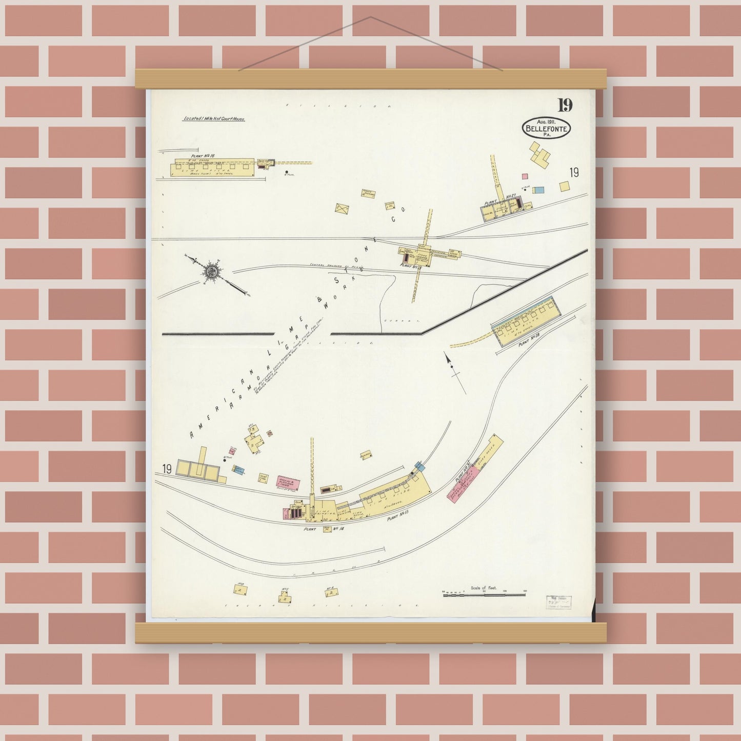 Old map wall art mockup — magnetic wood frame on brick wall — Sanborn Fire Insurance Map from Bellefonte, Centre County, Pennsylvania (1911), Sheet #0019