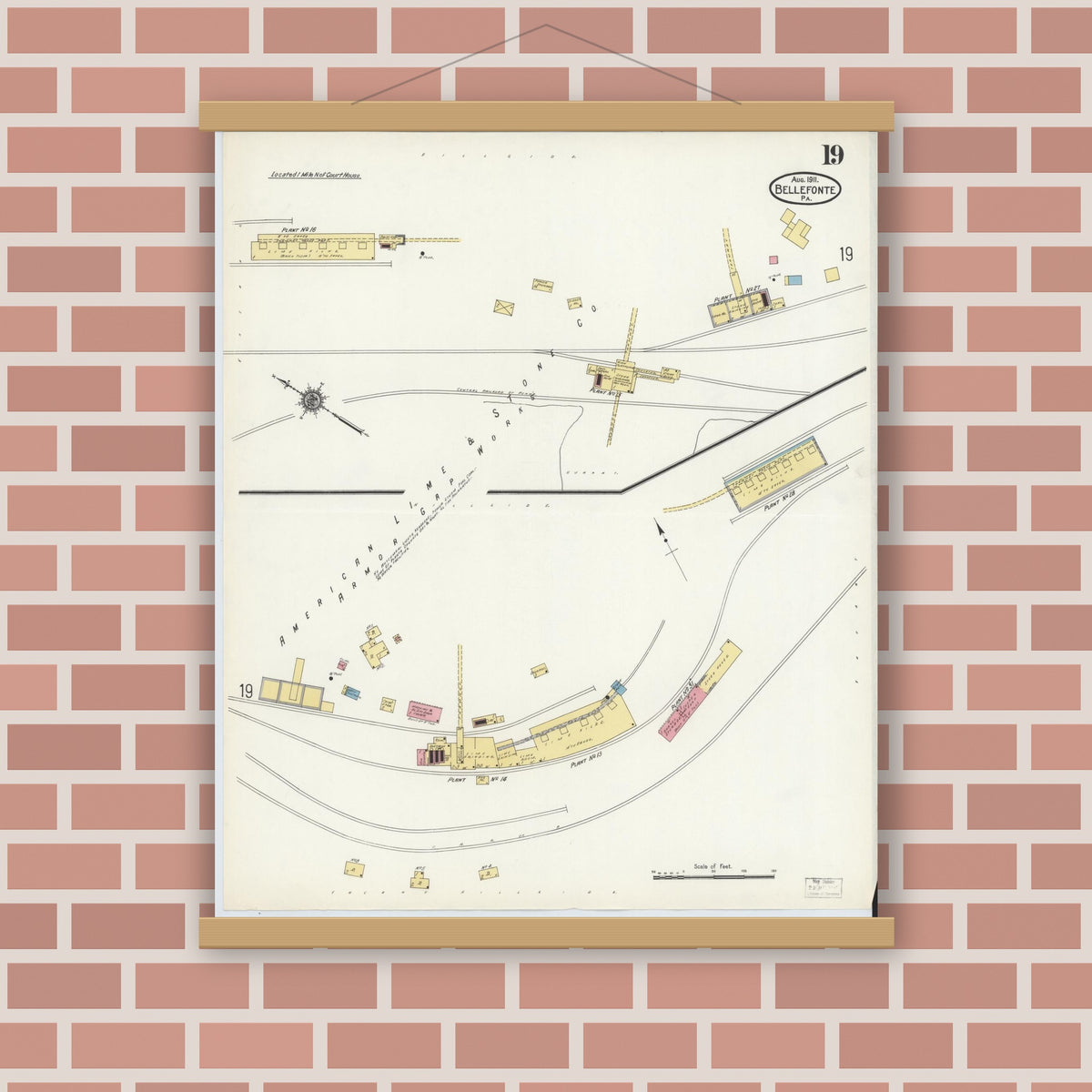 Old map wall art mockup — magnetic wood frame on brick wall — Sanborn Fire Insurance Map from Bellefonte, Centre County, Pennsylvania (1911), Sheet #0019