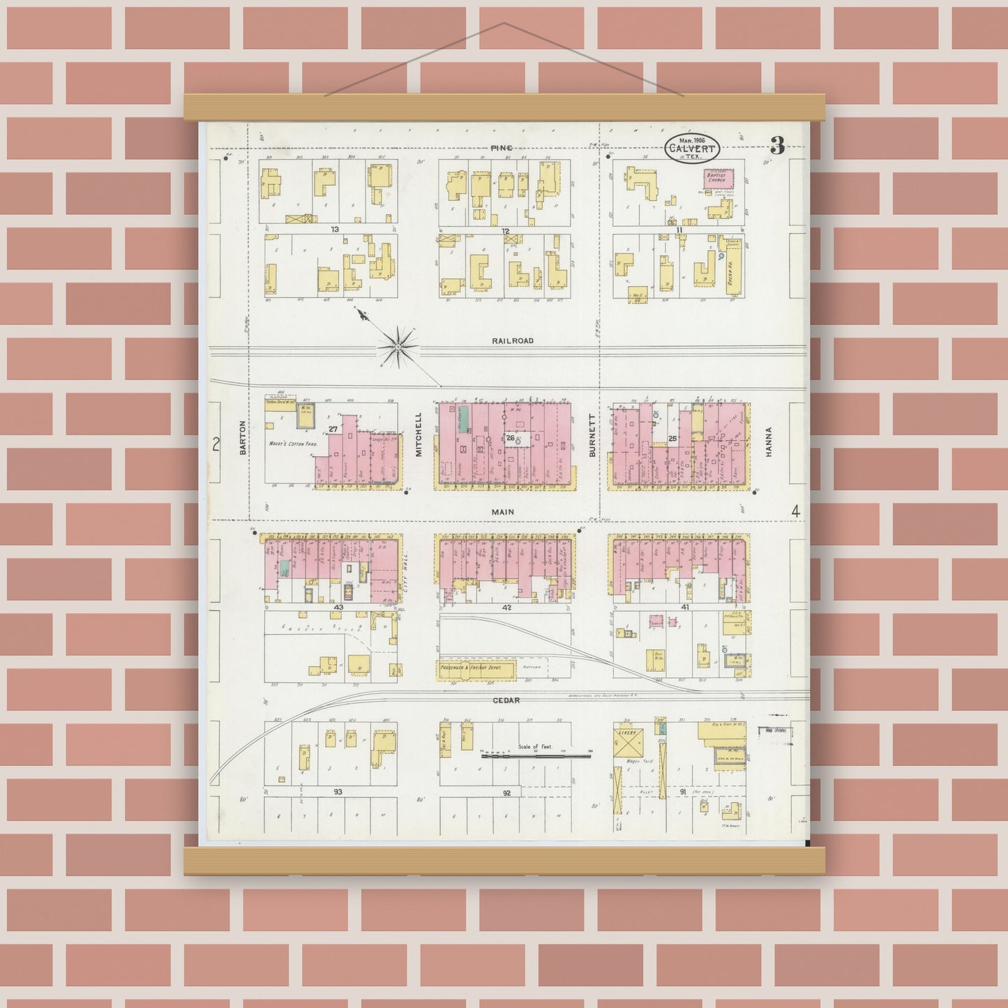 Old map wall art mockup — magnetic wood frame on brick wall — Sanborn Fire Insurance Map from Calvert, Robertson County, Texas (1906), Sheet #0003