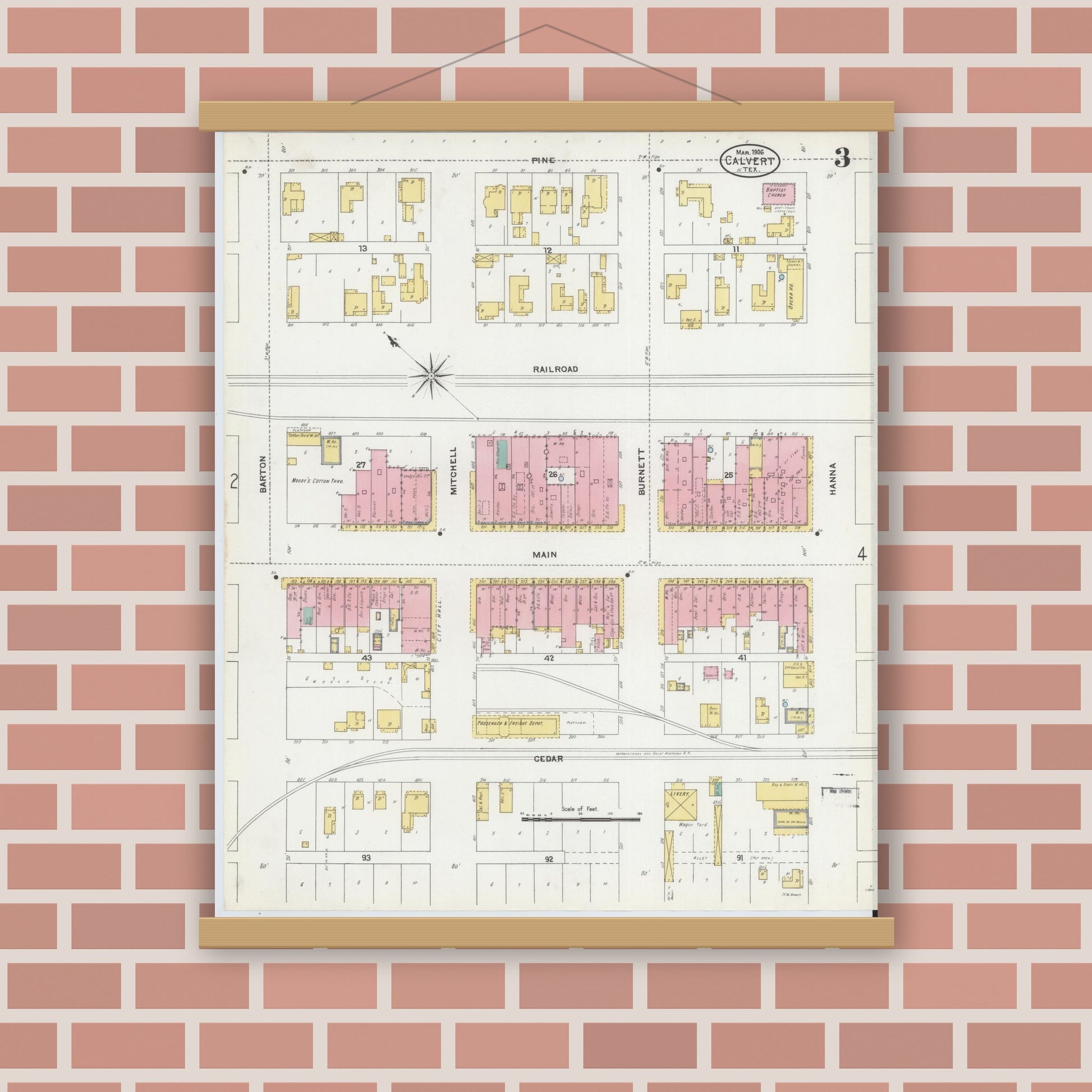 Old map wall art mockup — magnetic wood frame on brick wall — Sanborn Fire Insurance Map from Calvert, Robertson County, Texas (1906), Sheet #0003