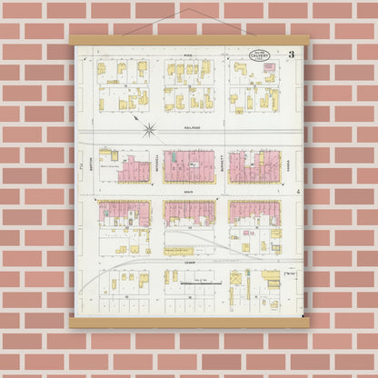 Old map wall art mockup — magnetic wood frame on brick wall — Sanborn Fire Insurance Map from Calvert, Robertson County, Texas (1906), Sheet #0003