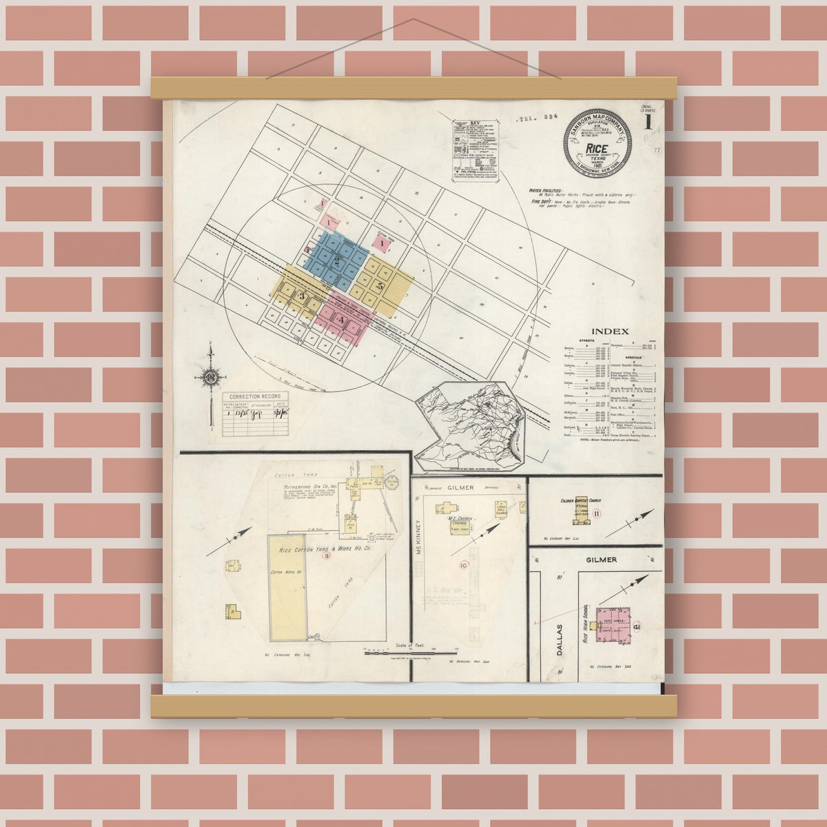 Old map wall art mockup — magnetic wood frame on brick wall — Sanborn Fire Insurance Map from Rice, Navarro County, Texas (1935) - Complete Map Set