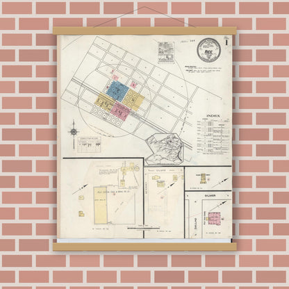 Old map wall art mockup — magnetic wood frame on brick wall — Sanborn Fire Insurance Map from Rice, Navarro County, Texas (1935) - Complete Map Set