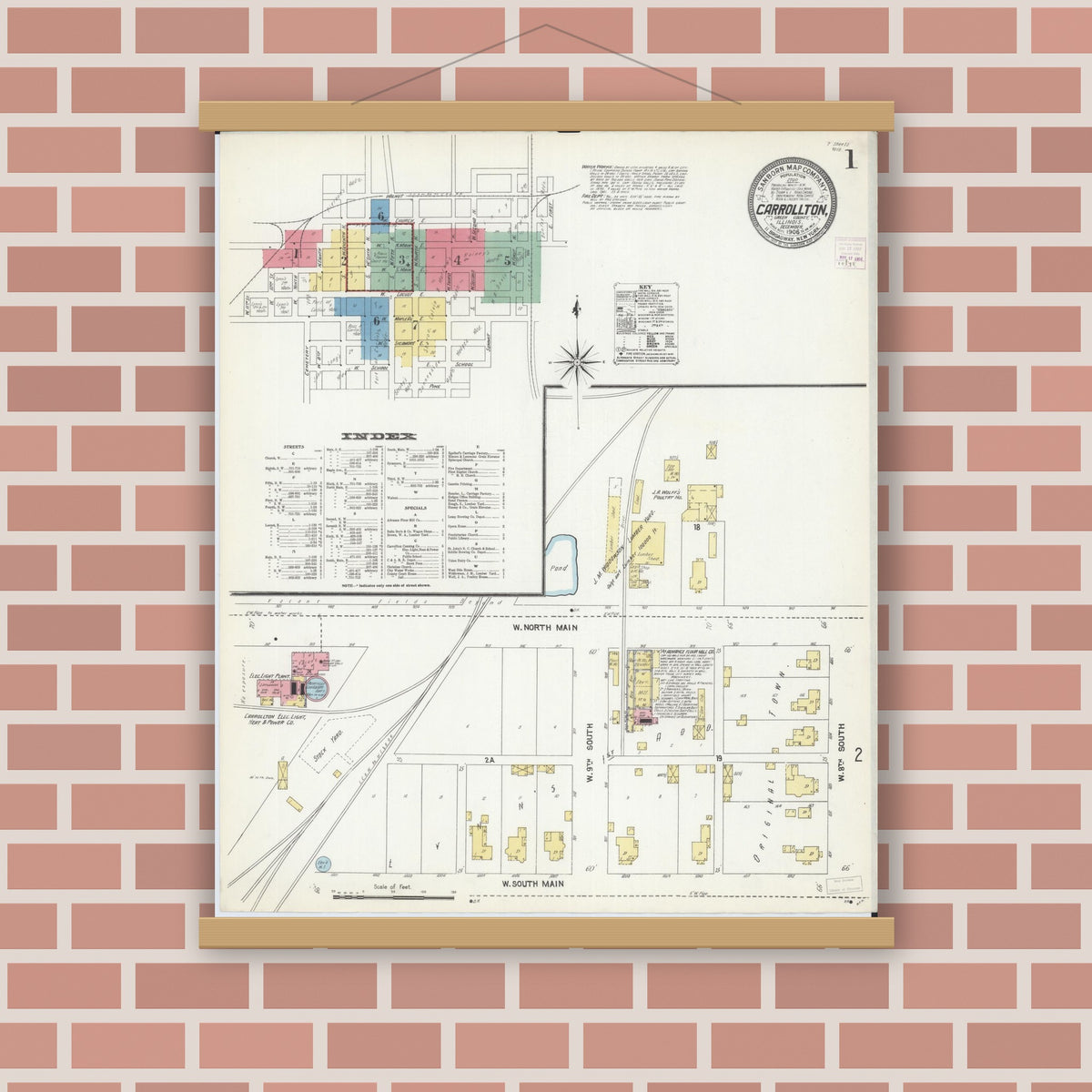Old map wall art mockup — magnetic wood frame on brick wall — Sanborn Fire Insurance Map from Carrollton, Greene County, Illinois (1906), Sheet #0001
