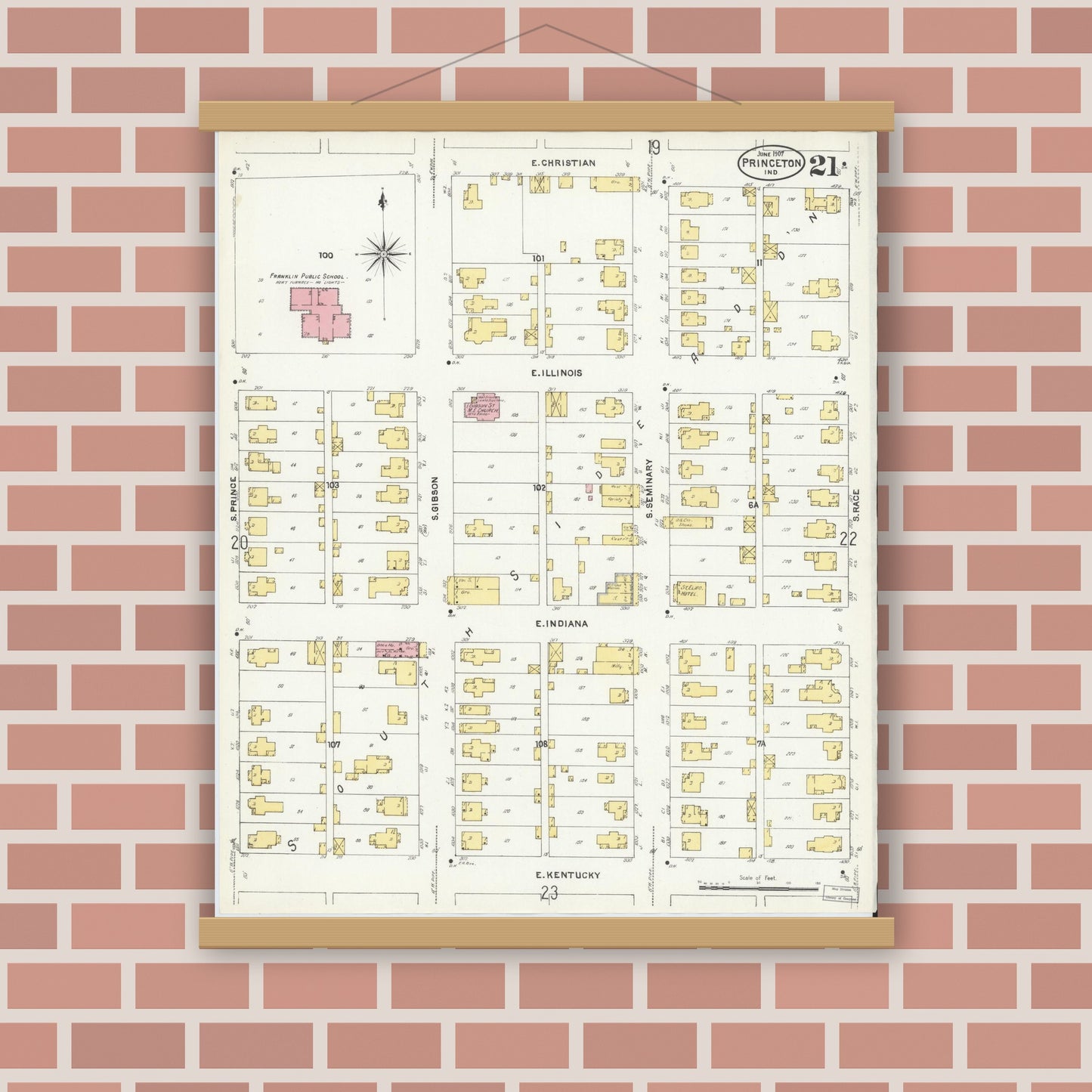 Old map wall art mockup — magnetic wood frame on brick wall — Sanborn Fire Insurance Map from Princeton, Gibson County, Indiana (1907), Sheet #0021