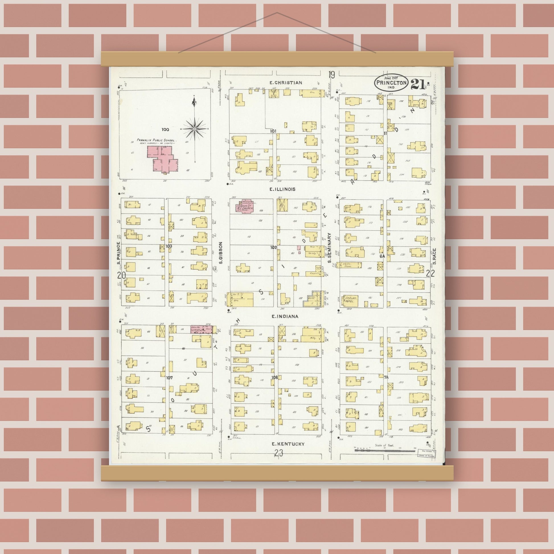 Old map wall art mockup — magnetic wood frame on brick wall — Sanborn Fire Insurance Map from Princeton, Gibson County, Indiana (1907), Sheet #0021