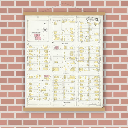Old map wall art mockup — magnetic wood frame on brick wall — Sanborn Fire Insurance Map from Princeton, Gibson County, Indiana (1907), Sheet #0021