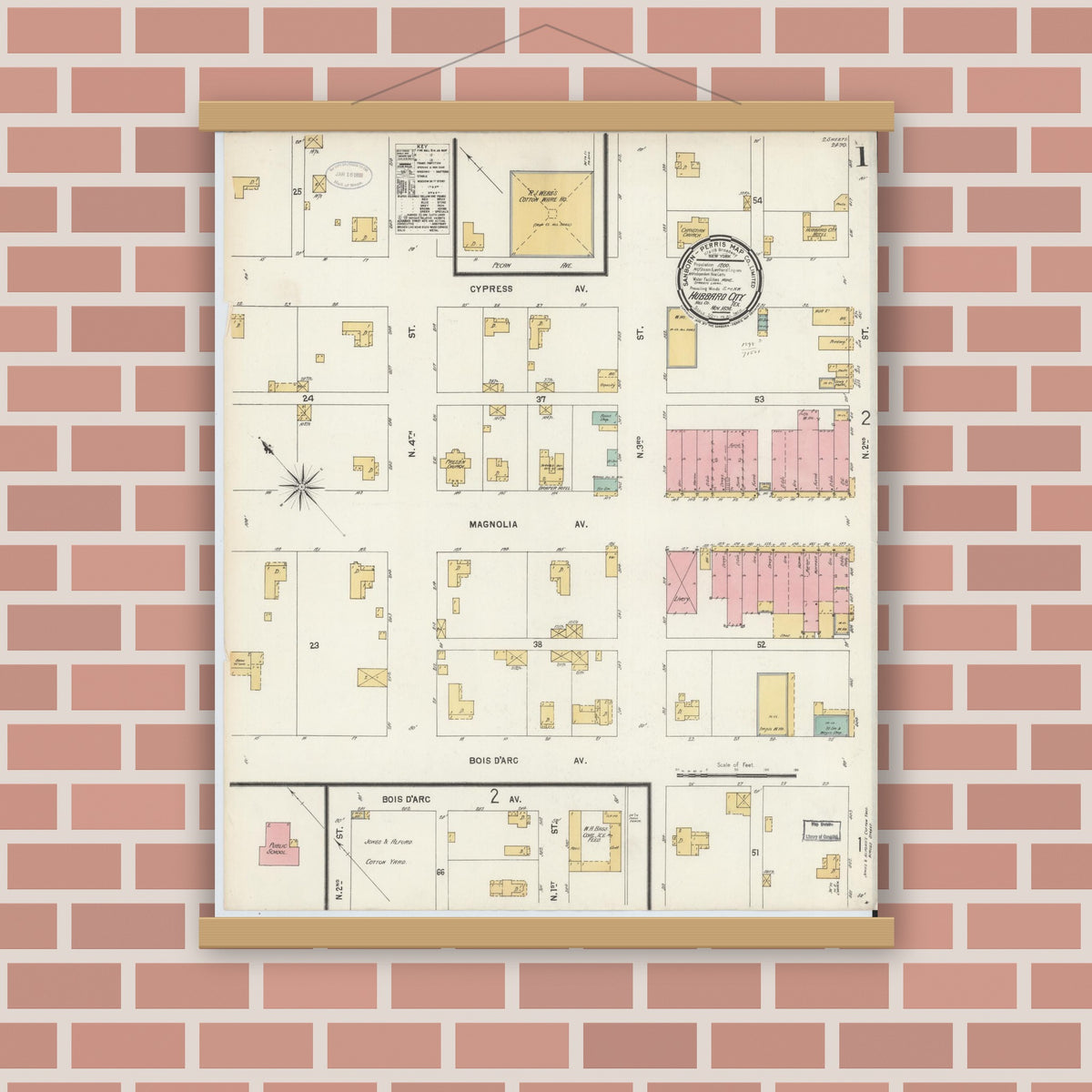 Old map wall art mockup — magnetic wood frame on brick wall — Sanborn Fire Insurance Map from Hubbard, Hill County, Texas (1898) - Complete Map Set