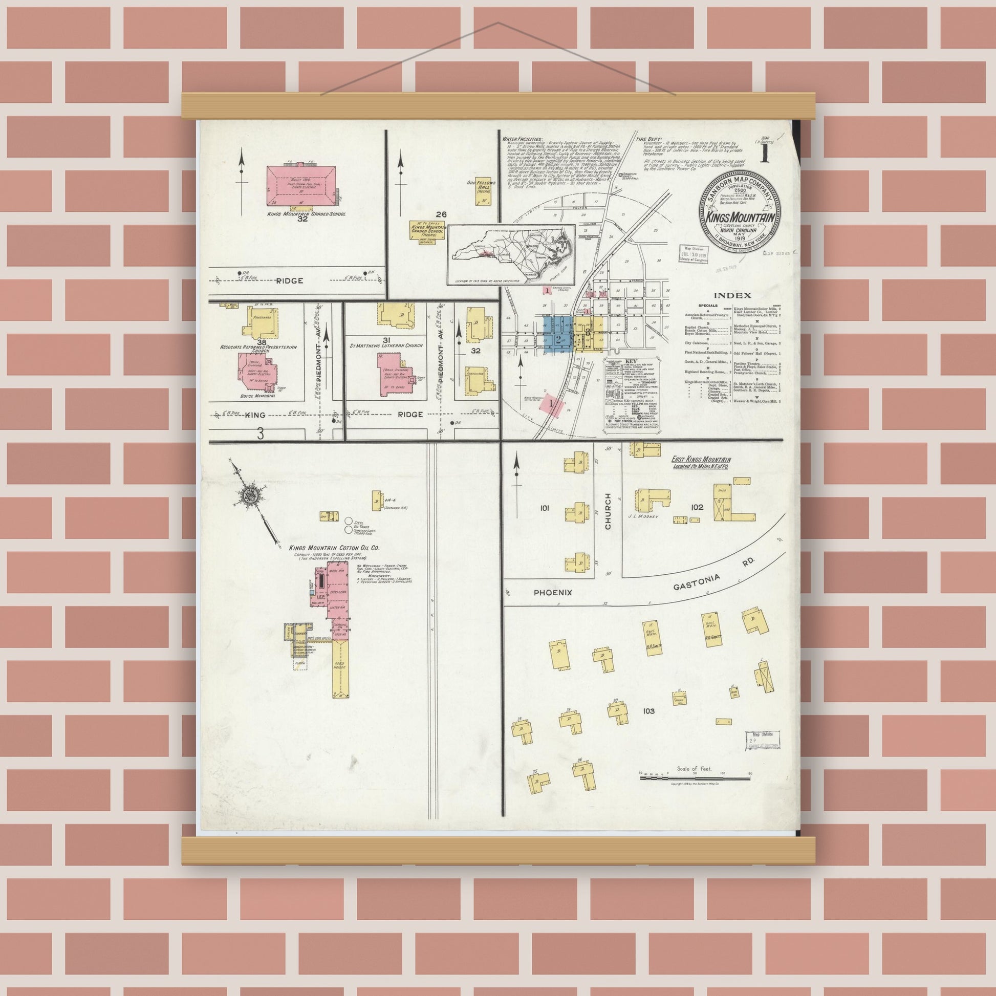 Old map wall art mockup — magnetic wood frame on brick wall — Sanborn Fire Insurance Map from Kings Mountain, Cleveland County, North Carolina (1919) - Complete Map Set