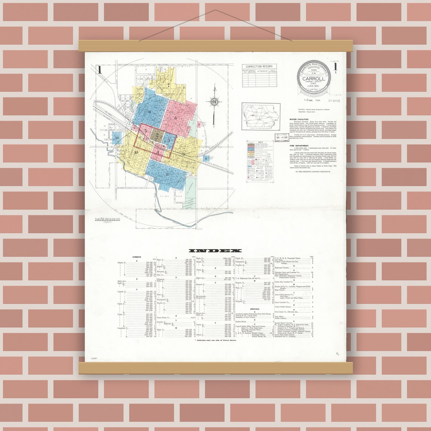 Old map wall art mockup — magnetic wood frame on brick wall — Sanborn Fire Insurance Map from Carroll, Carroll County, Iowa (1935) â€” Complete Set