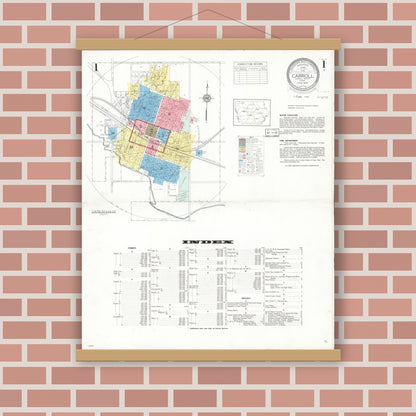 Old map wall art mockup — magnetic wood frame on brick wall — Sanborn Fire Insurance Map from Carroll, Carroll County, Iowa (1935) â€” Complete Set