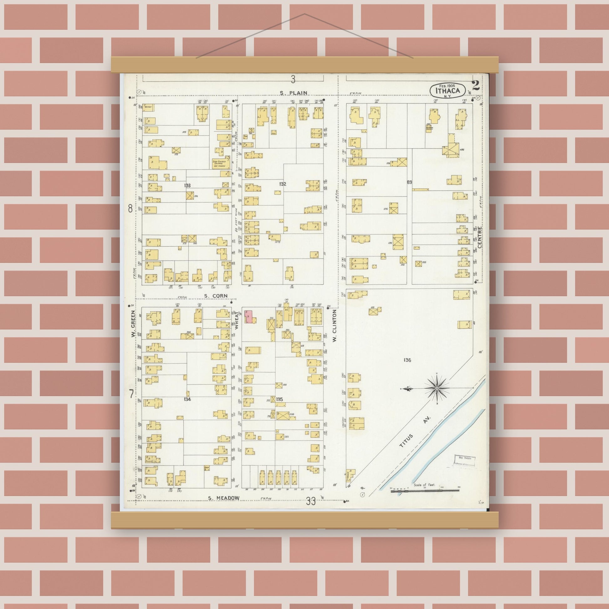 Old map wall art mockup — magnetic wood frame on brick wall — Sanborn Fire Insurance Map from Ithaca, Tompkins County, New York (1904), Sheet #0002