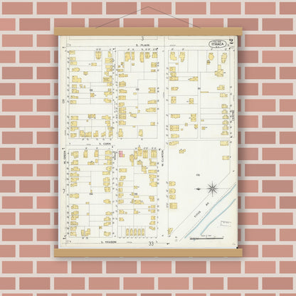 Old map wall art mockup — magnetic wood frame on brick wall — Sanborn Fire Insurance Map from Ithaca, Tompkins County, New York (1904), Sheet #0002