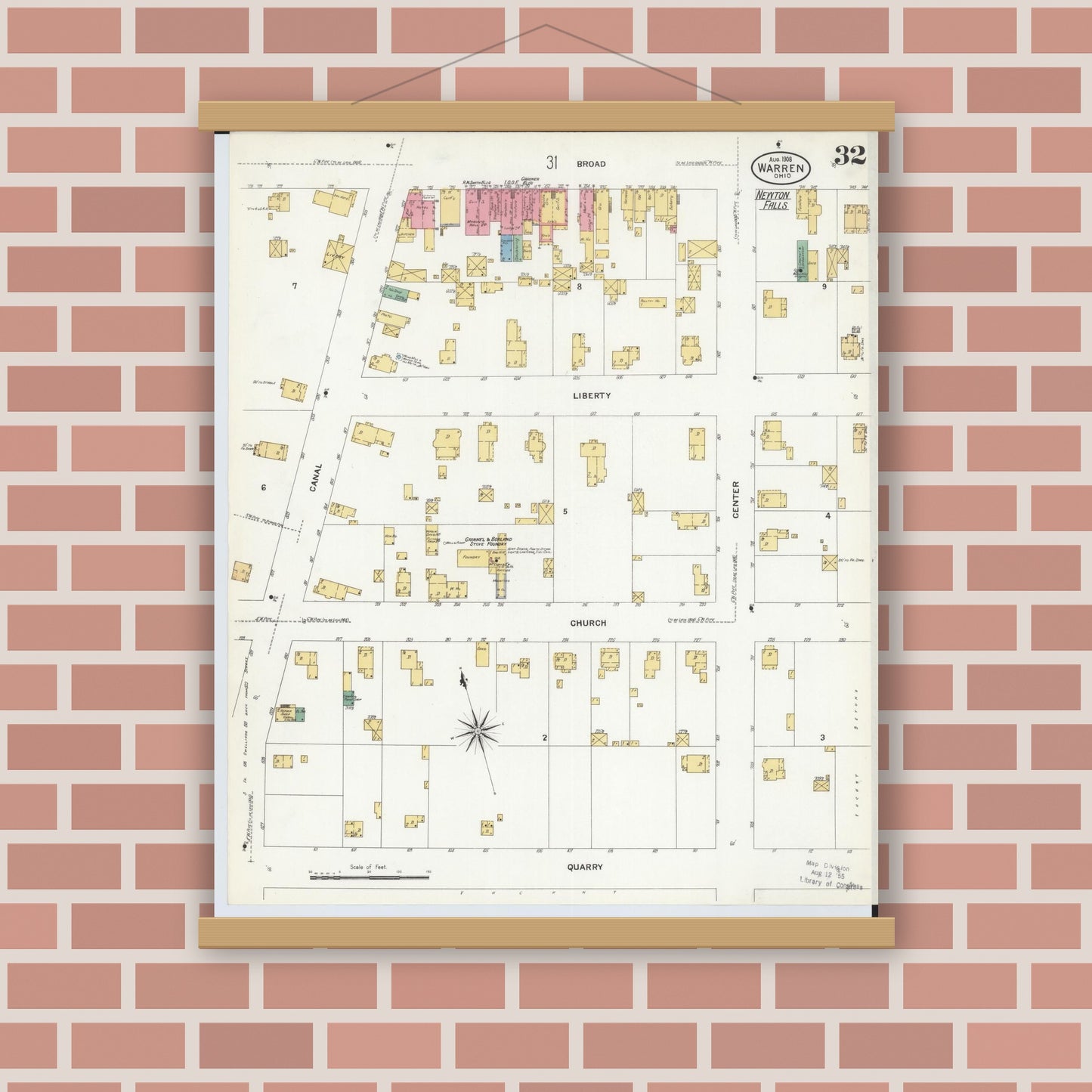 Old map wall art mockup — magnetic wood frame on brick wall — Sanborn Fire Insurance Map from Warren, Trumbull County, Ohio (1908), Sheet #0032