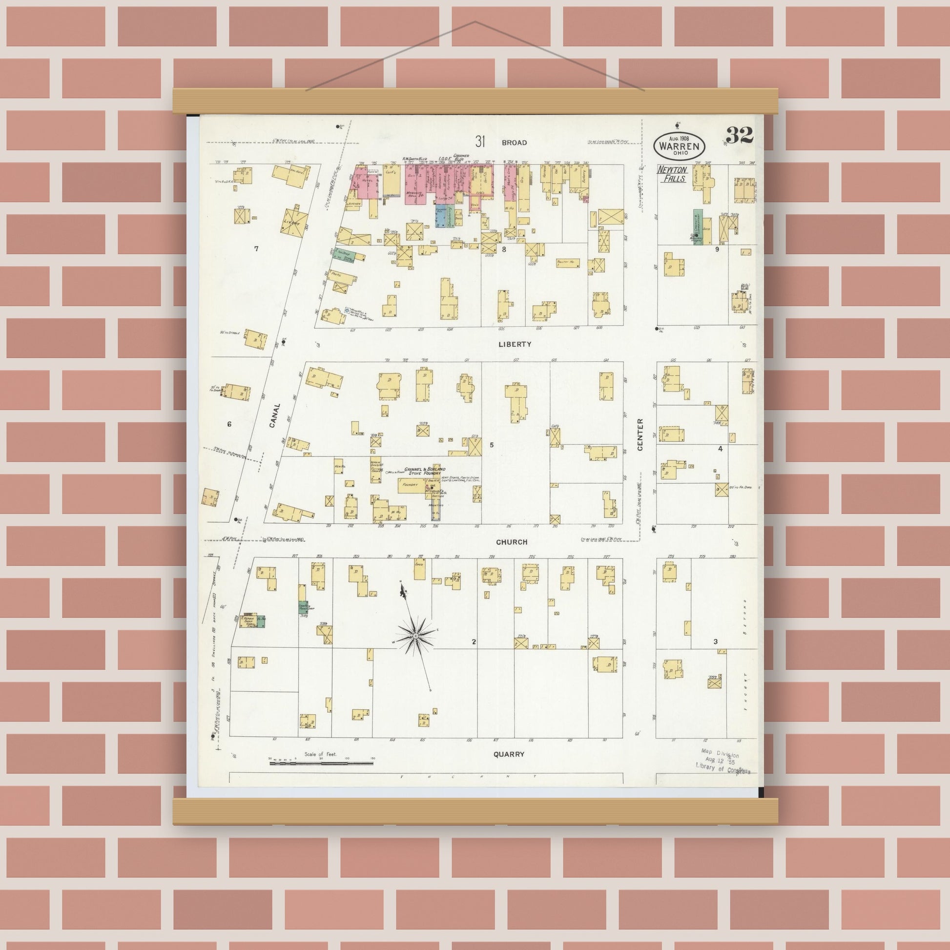 Old map wall art mockup — magnetic wood frame on brick wall — Sanborn Fire Insurance Map from Warren, Trumbull County, Ohio (1908), Sheet #0032