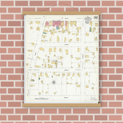 Old map wall art mockup — magnetic wood frame on brick wall — Sanborn Fire Insurance Map from Warren, Trumbull County, Ohio (1908), Sheet #0032