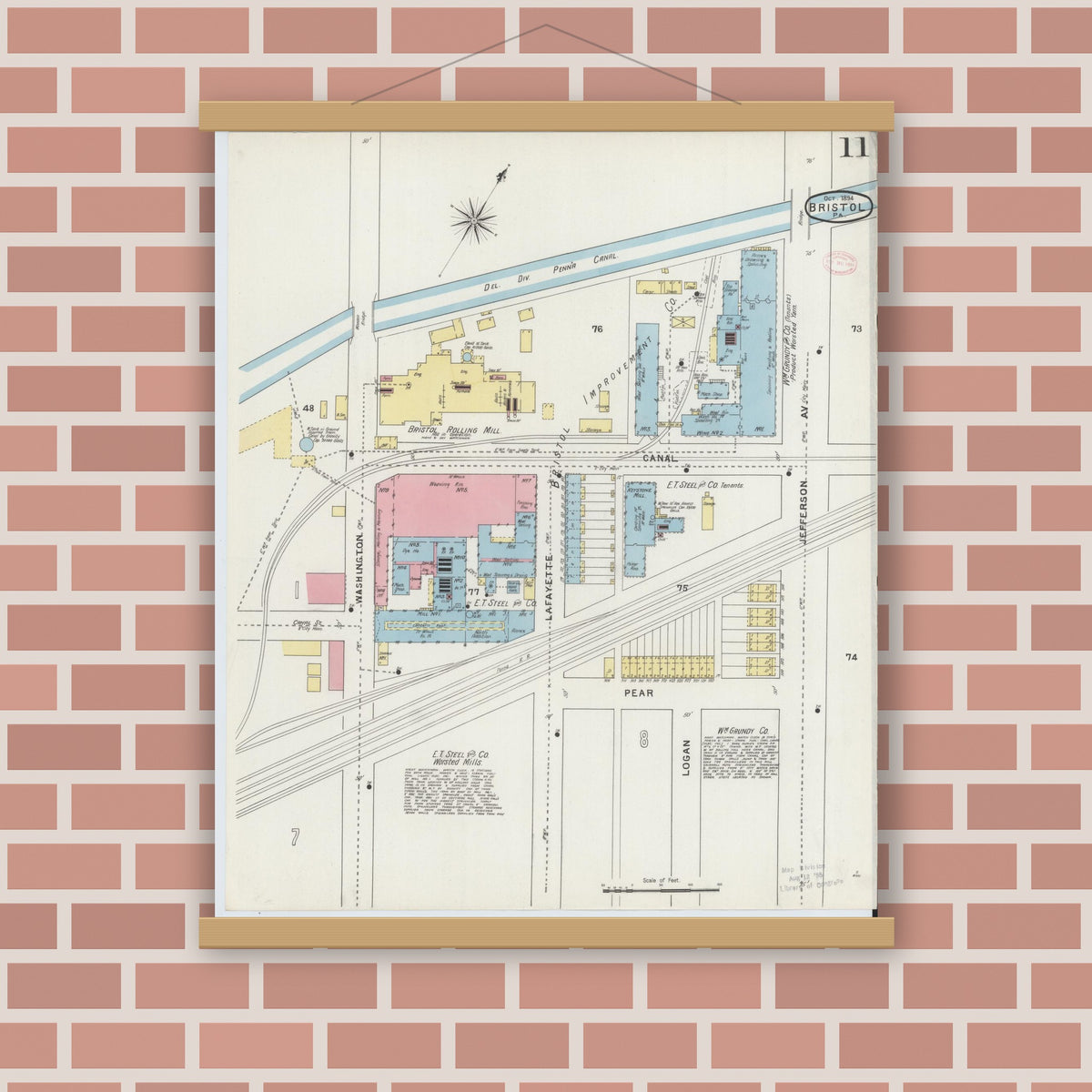 Old map wall art mockup — magnetic wood frame on brick wall — Sanborn Fire Insurance Map from Bristol, Bucks County, Pennsylvania (1894), Sheet #0011