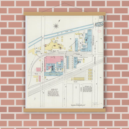 Old map wall art mockup — magnetic wood frame on brick wall — Sanborn Fire Insurance Map from Bristol, Bucks County, Pennsylvania (1894), Sheet #0011
