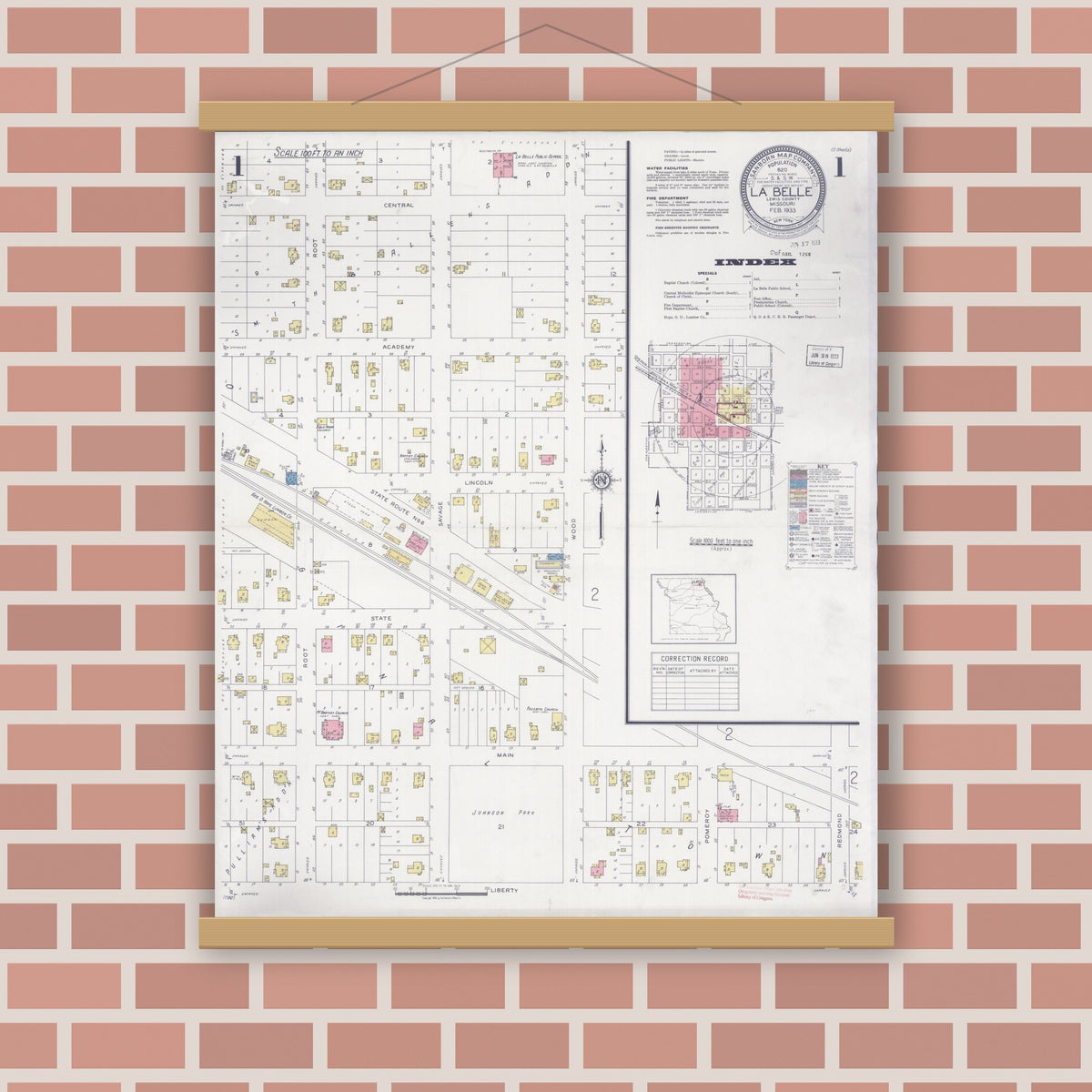 Old map wall art mockup — magnetic wood frame on brick wall — Sanborn Fire Insurance Map from La Belle, Lewis County, Missouri (1933), Sheet #0001