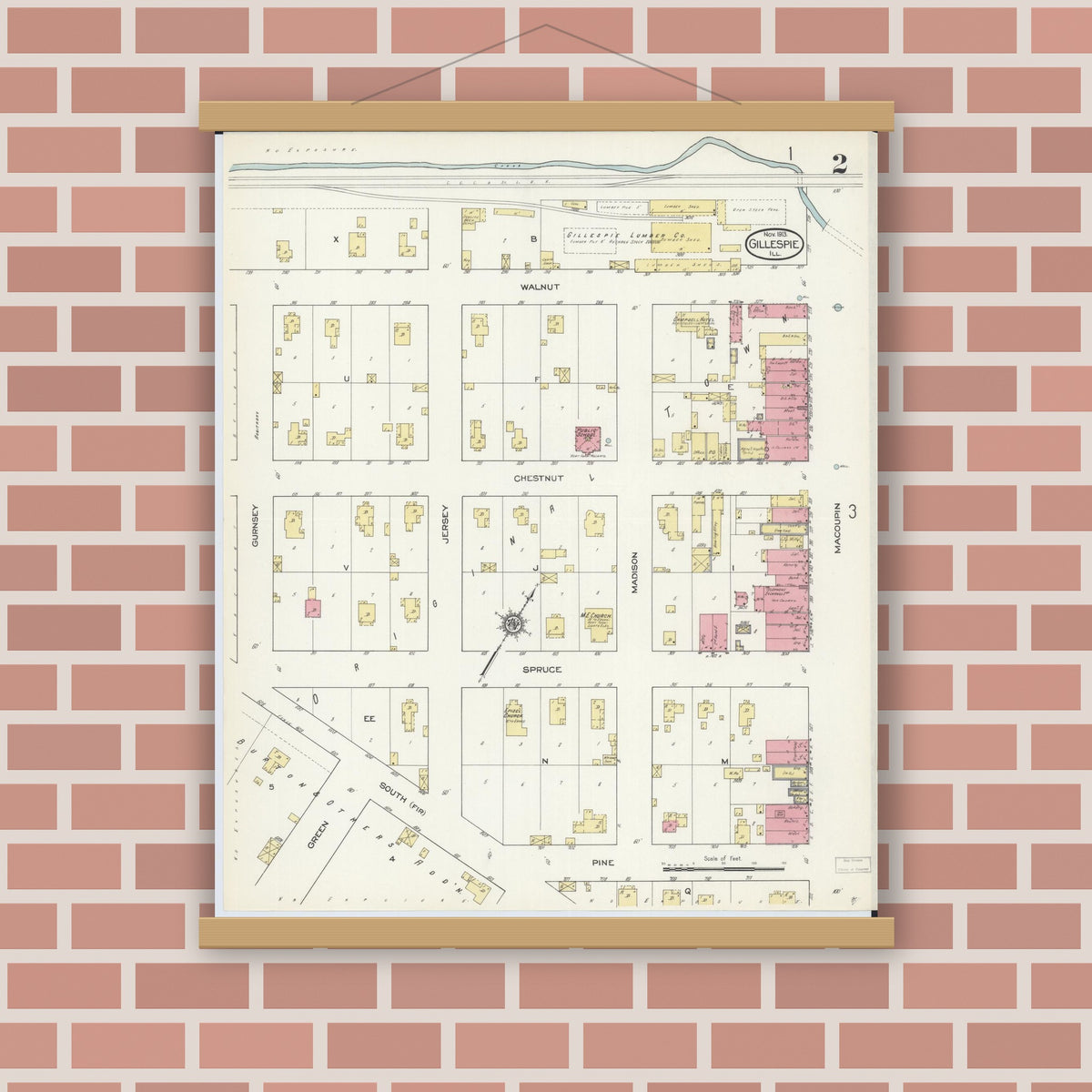 Old map wall art mockup — magnetic wood frame on brick wall — Sanborn Fire Insurance Map from Gillespie, Macoupin County, Illinois (1913), Sheet #0002