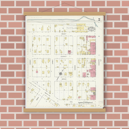 Old map wall art mockup — magnetic wood frame on brick wall — Sanborn Fire Insurance Map from Gillespie, Macoupin County, Illinois (1913), Sheet #0002