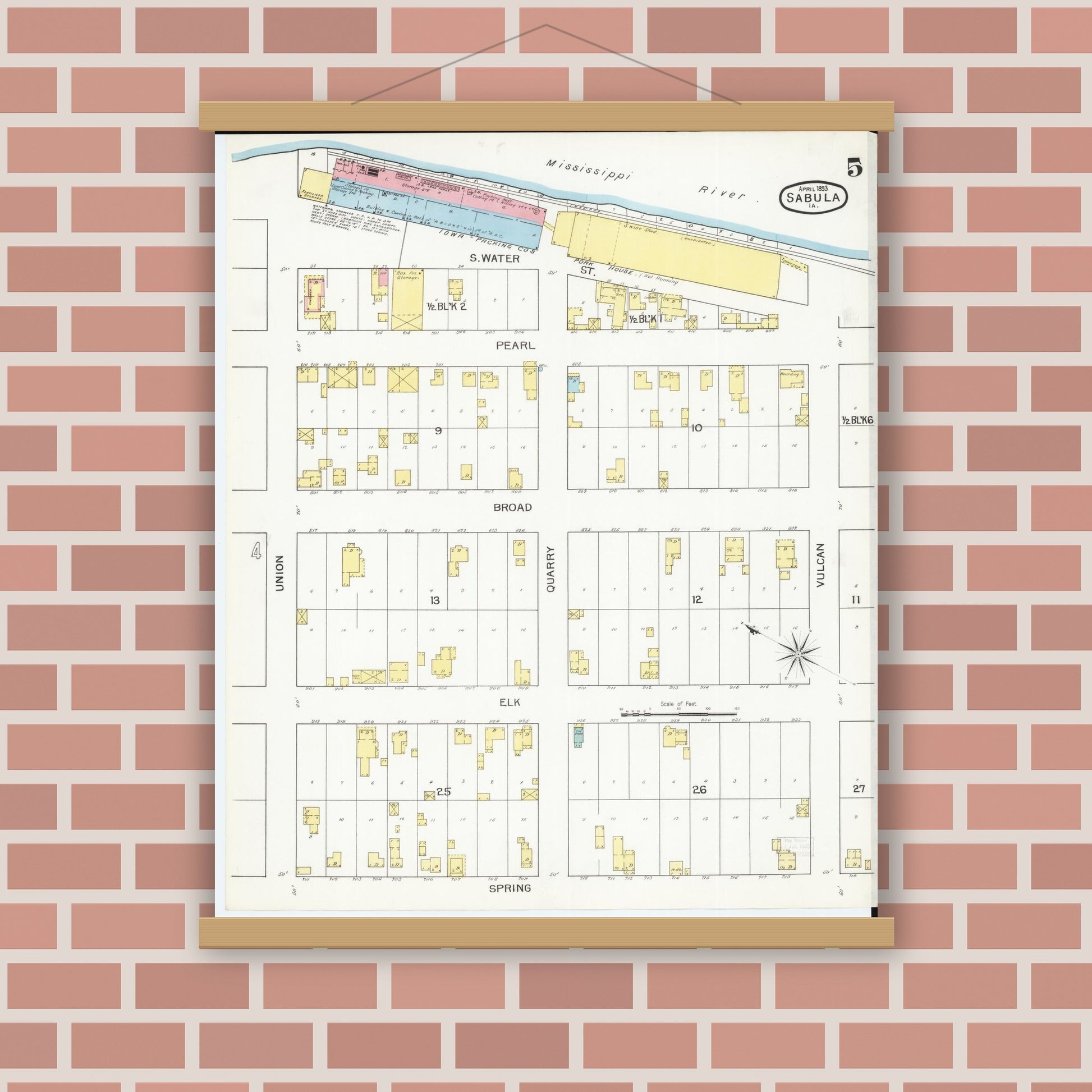 Old map wall art mockup — magnetic wood frame on brick wall — Sanborn Fire Insurance Map from Sabula, Jackson County, Iowa (1893), Sheet #0005