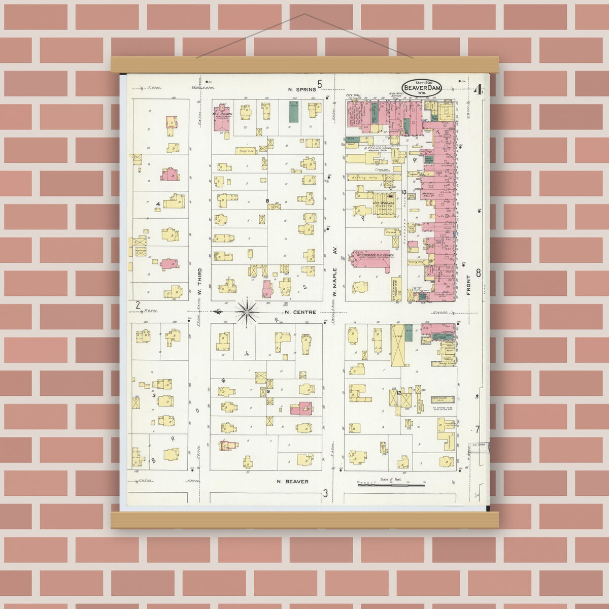 Old map wall art mockup — magnetic wood frame on brick wall — Sanborn Fire Insurance Map from Beaver Dam, Dodge County, Wisconsin (1909), Sheet #0004