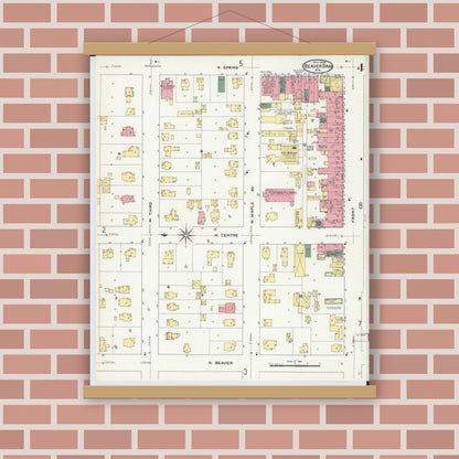 Old map wall art mockup — magnetic wood frame on brick wall — Sanborn Fire Insurance Map from Beaver Dam, Dodge County, Wisconsin (1909), Sheet #0004