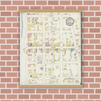 Old map wall art mockup — magnetic wood frame on brick wall — Sanborn Fire Insurance Map from Leavenworth, Crawford County, Indiana (1894), Sheet #0001