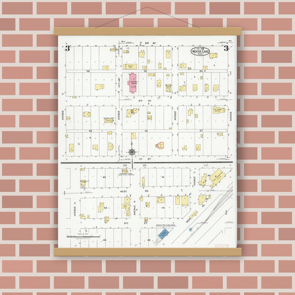 Old map wall art mockup — magnetic wood frame on brick wall — Sanborn Fire Insurance Map from Moose Lake, Carlton County, Minnesota (1925), Sheet #0003