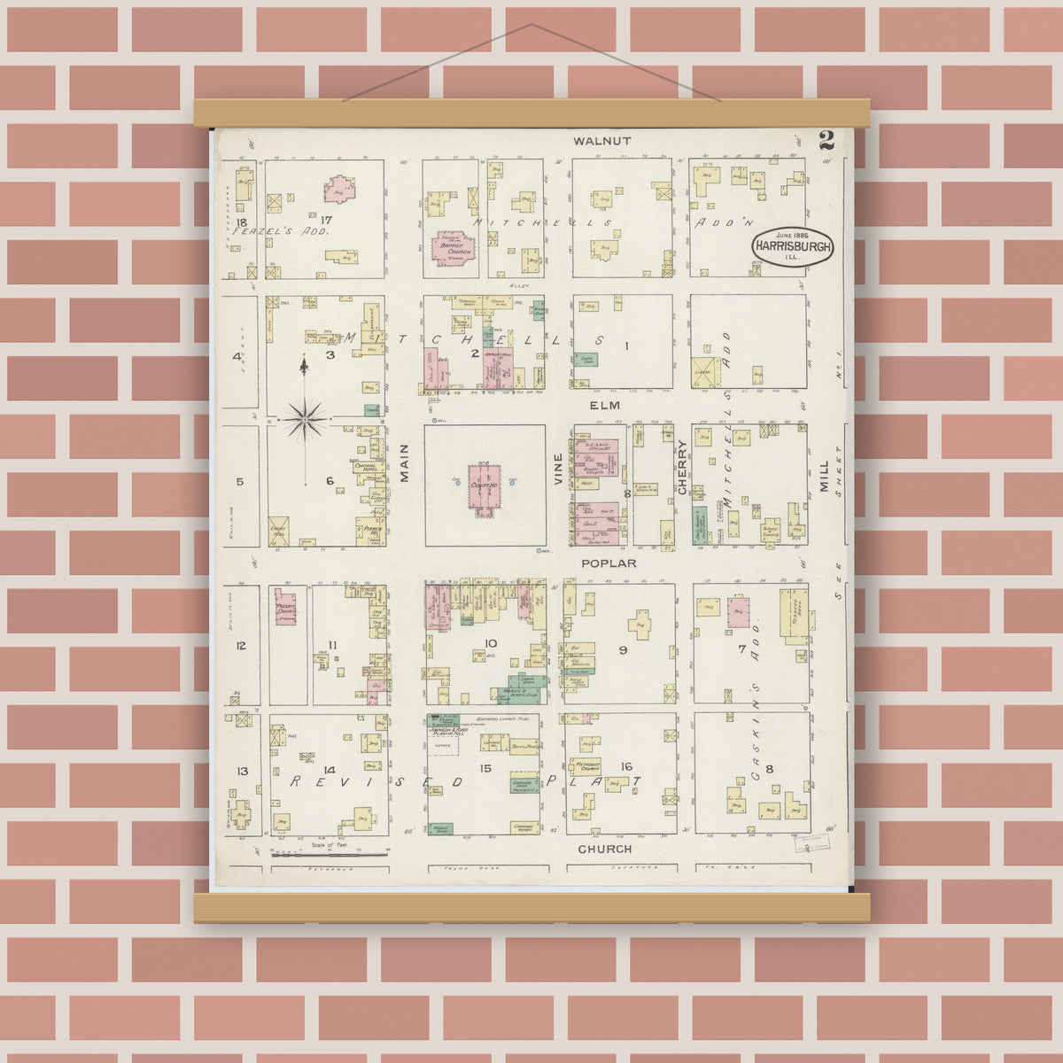Old map wall art mockup — magnetic wood frame on brick wall — Sanborn Fire Insurance Map from Harrisburg, Saline County, Illinois (1886), Sheet #0002