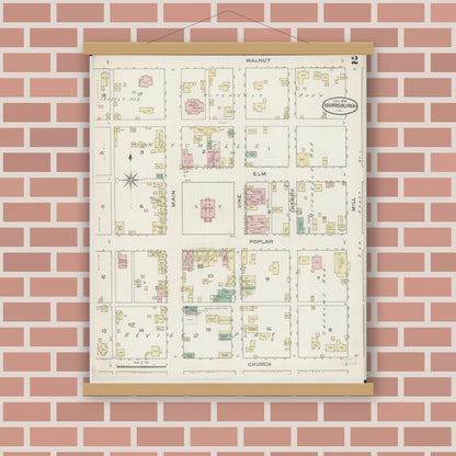 Old map wall art mockup — magnetic wood frame on brick wall — Sanborn Fire Insurance Map from Harrisburg, Saline County, Illinois (1886), Sheet #0002