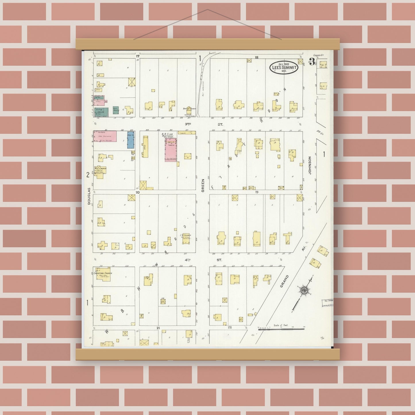 Old map wall art mockup — magnetic wood frame on brick wall — Sanborn Fire Insurance Map from Lee's Summit, Jackson County, Missouri (1909), Sheet #0003