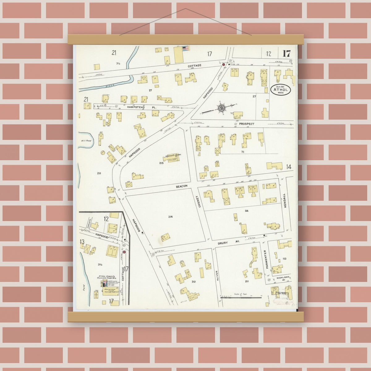 Old map wall art mockup — magnetic wood frame on brick wall — Sanborn Fire Insurance Map from Athol, Worcester County, Massachusetts (1911), Sheet #0017