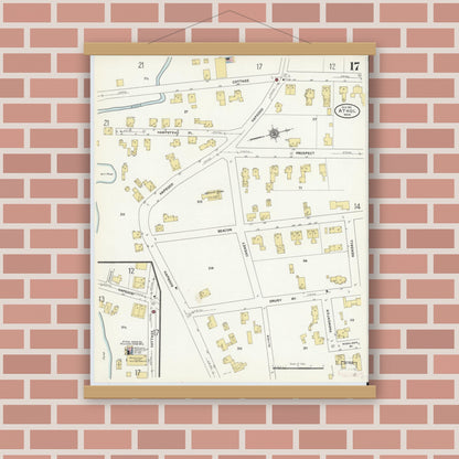 Old map wall art mockup — magnetic wood frame on brick wall — Sanborn Fire Insurance Map from Athol, Worcester County, Massachusetts (1911), Sheet #0017