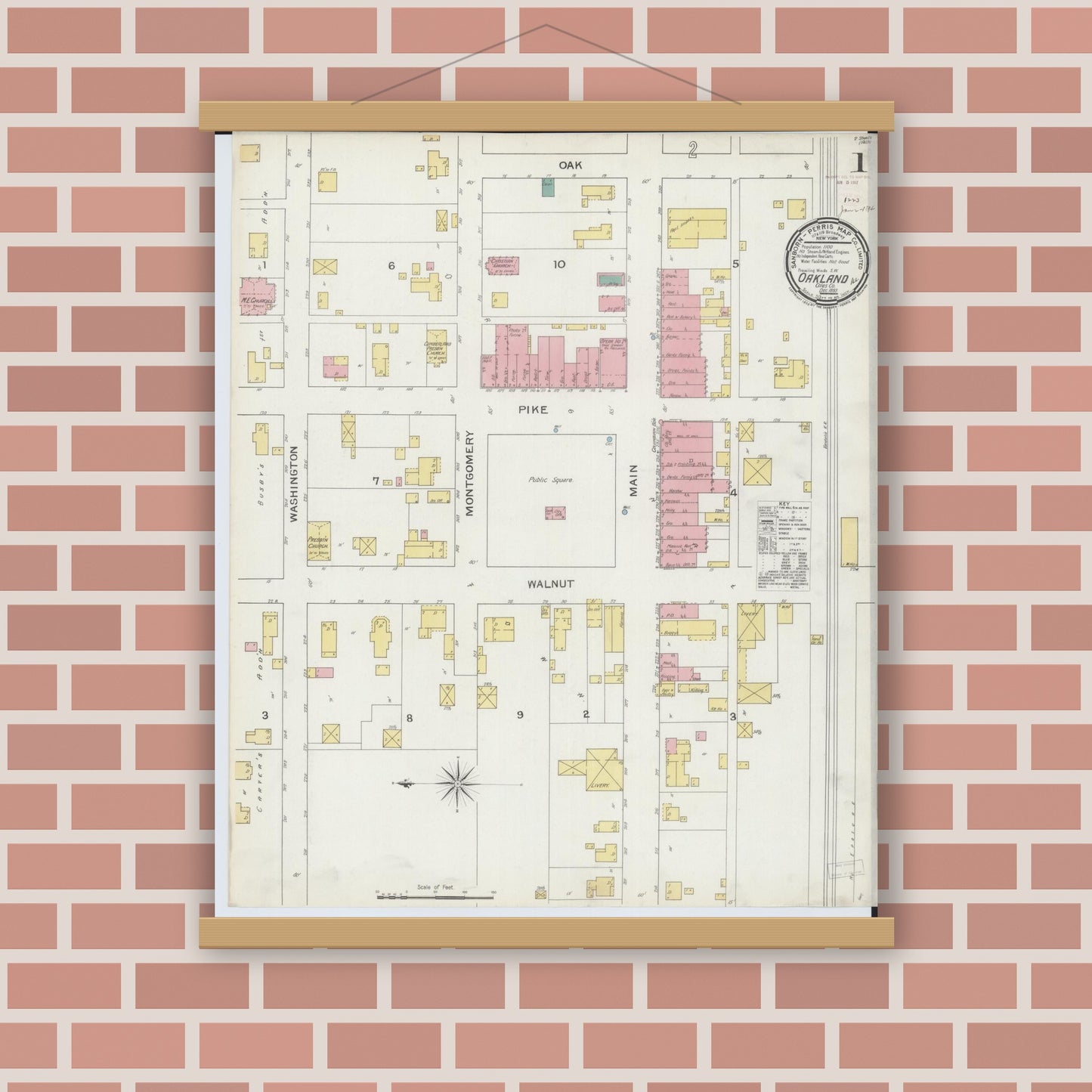 Old map wall art mockup — magnetic wood frame on brick wall — Sanborn Fire Insurance Map from Oakland, Coles County, Illinois (1893) - Complete Map Set