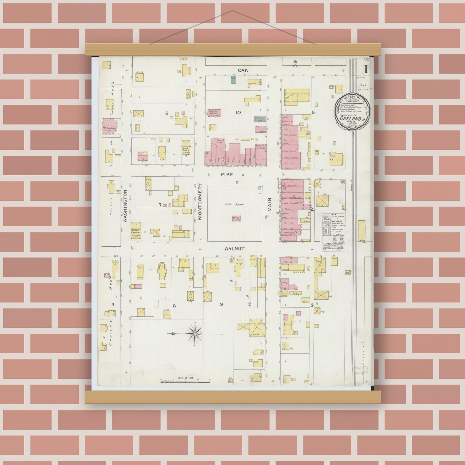 Old map wall art mockup — magnetic wood frame on brick wall — Sanborn Fire Insurance Map from Oakland, Coles County, Illinois (1893) - Complete Map Set