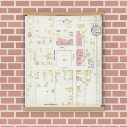 Old map wall art mockup — magnetic wood frame on brick wall — Sanborn Fire Insurance Map from Oakland, Coles County, Illinois (1893) - Complete Map Set