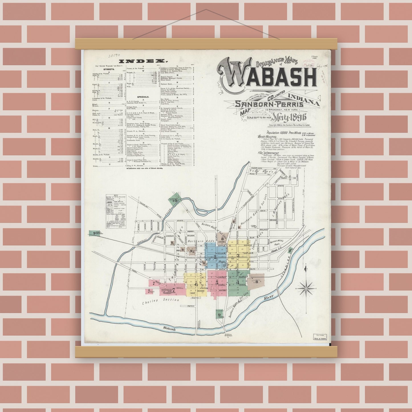 Old map wall art mockup — magnetic wood frame on brick wall — Sanborn Fire Insurance Map from Wabash, Wabash County, Indiana (1896) - Complete Map Set
