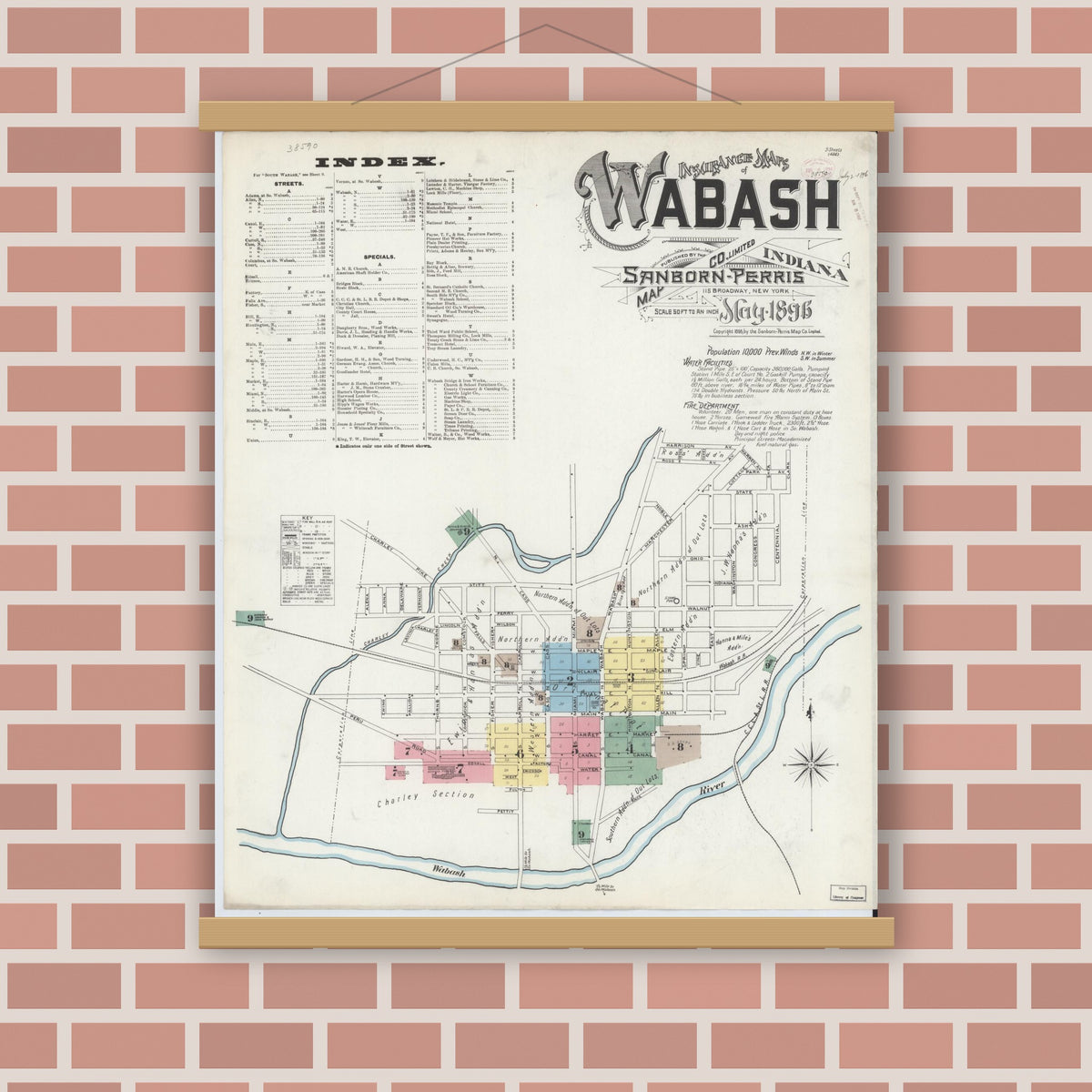 Old map wall art mockup — magnetic wood frame on brick wall — Sanborn Fire Insurance Map from Wabash, Wabash County, Indiana (1896) - Complete Map Set
