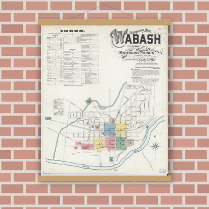 Old map wall art mockup — magnetic wood frame on brick wall — Sanborn Fire Insurance Map from Wabash, Wabash County, Indiana (1896) - Complete Map Set