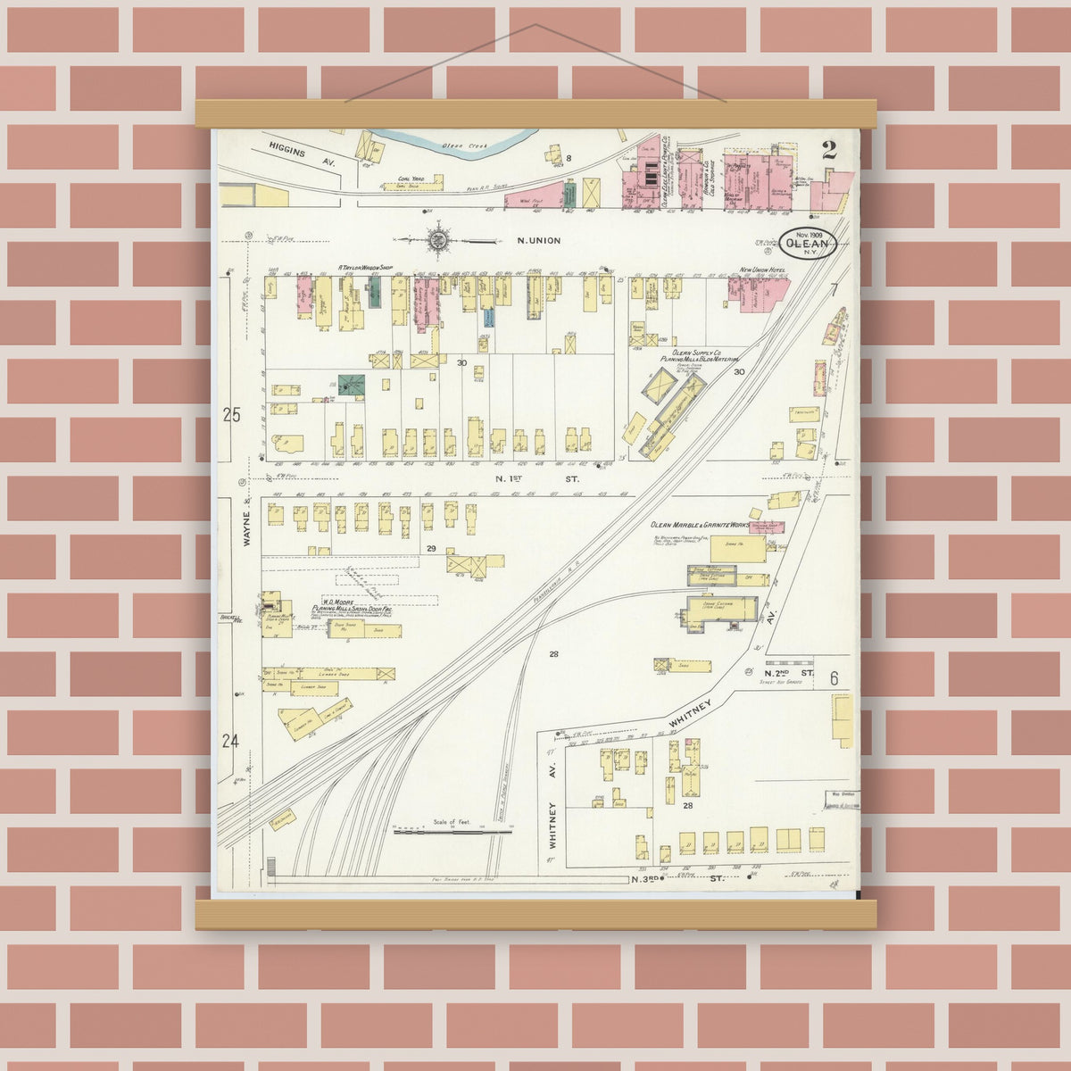 Old map wall art mockup — magnetic wood frame on brick wall — Sanborn Fire Insurance Map from Olean, Cattaraugus County, New York (1909), Sheet #0002