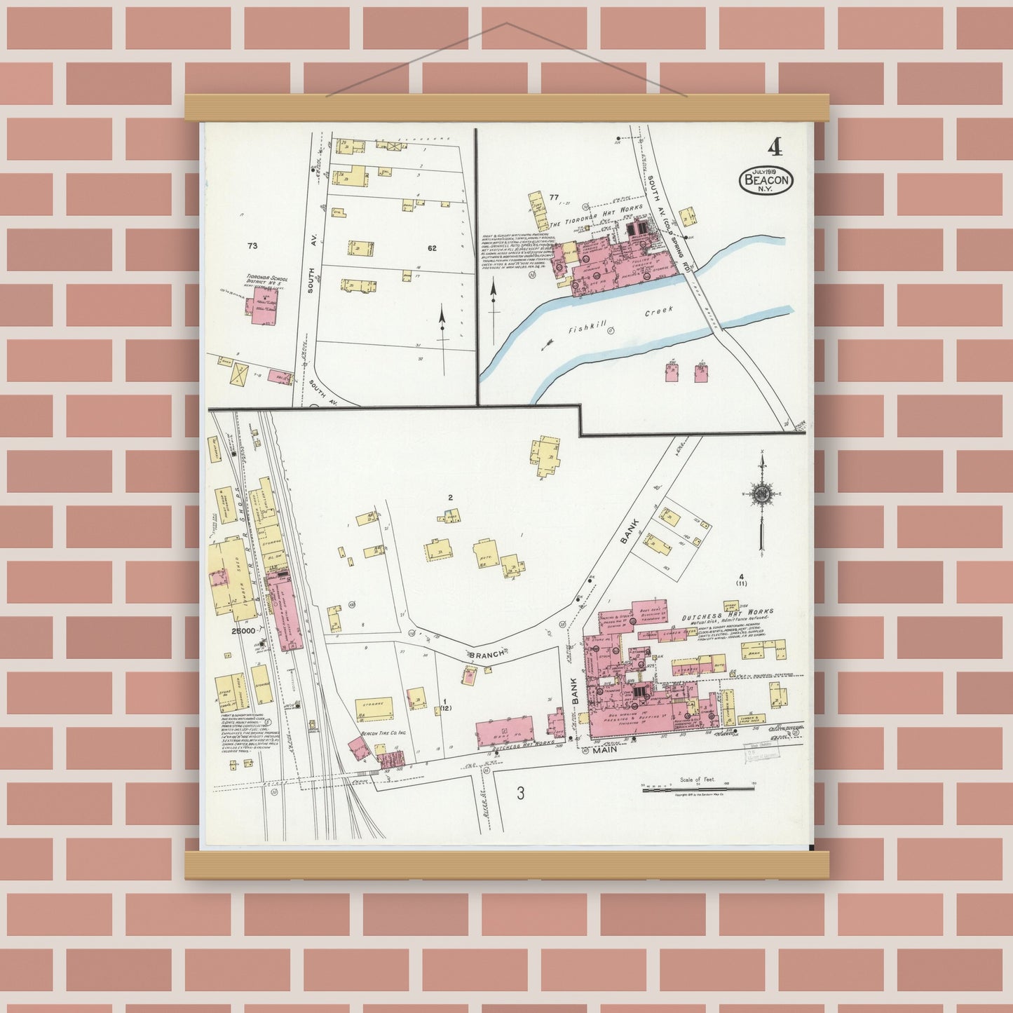 Old map wall art mockup — magnetic wood frame on brick wall — Sanborn Fire Insurance Map from Beacon, Dutchess County, New York (1919), Sheet #0004