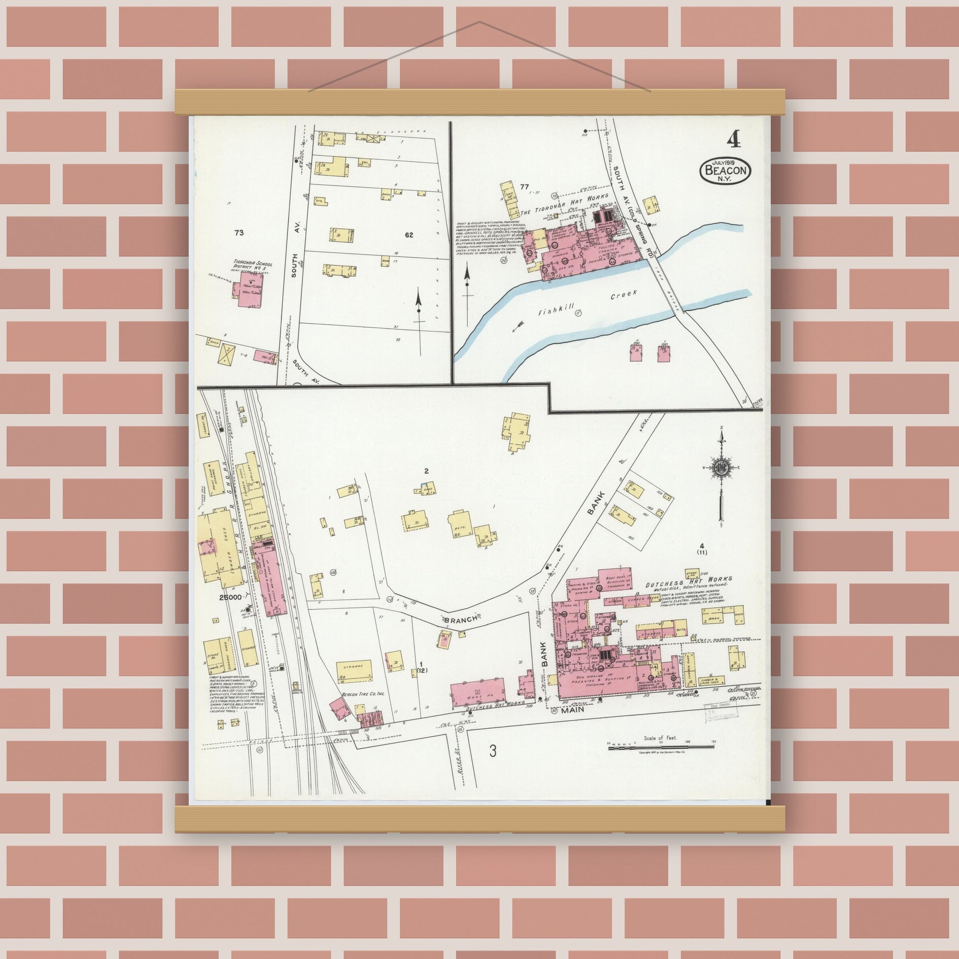 Old map wall art mockup — magnetic wood frame on brick wall — Sanborn Fire Insurance Map from Beacon, Dutchess County, New York (1919), Sheet #0004